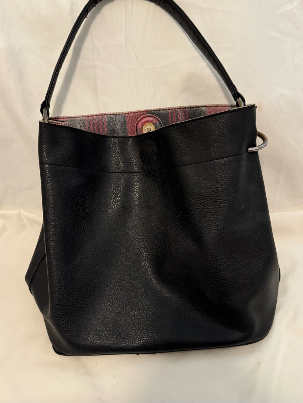 Carlos Santana Black Shoulder Bag with Pink Plaid Interior Trim